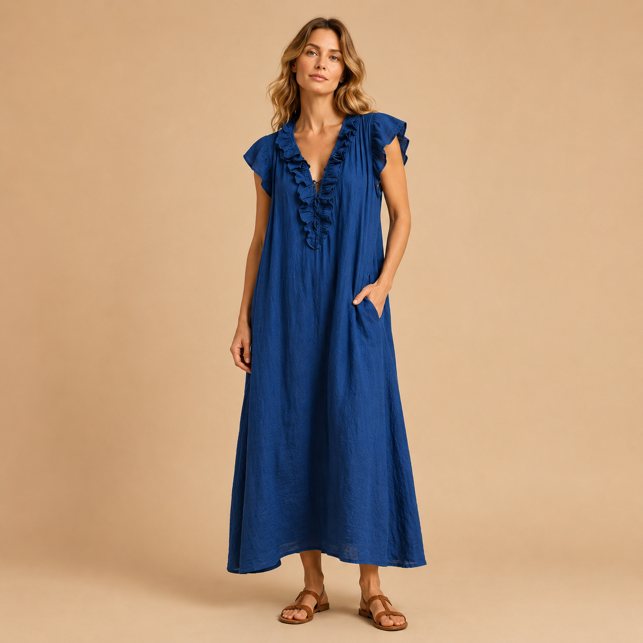 Antonina | Lniana Sukienka Maxi Z Falbanami