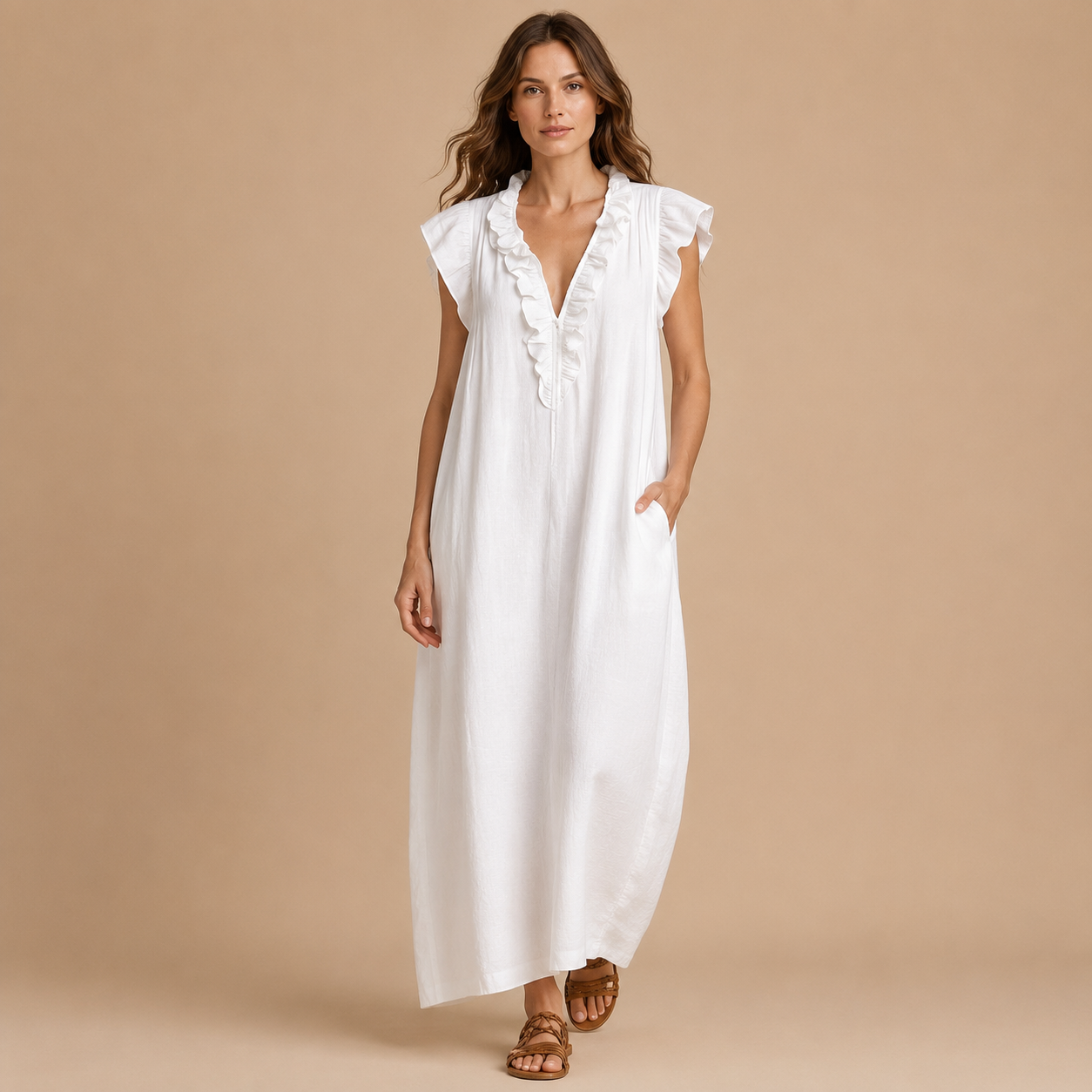 Antonina | Lniana Sukienka Maxi Z Falbanami