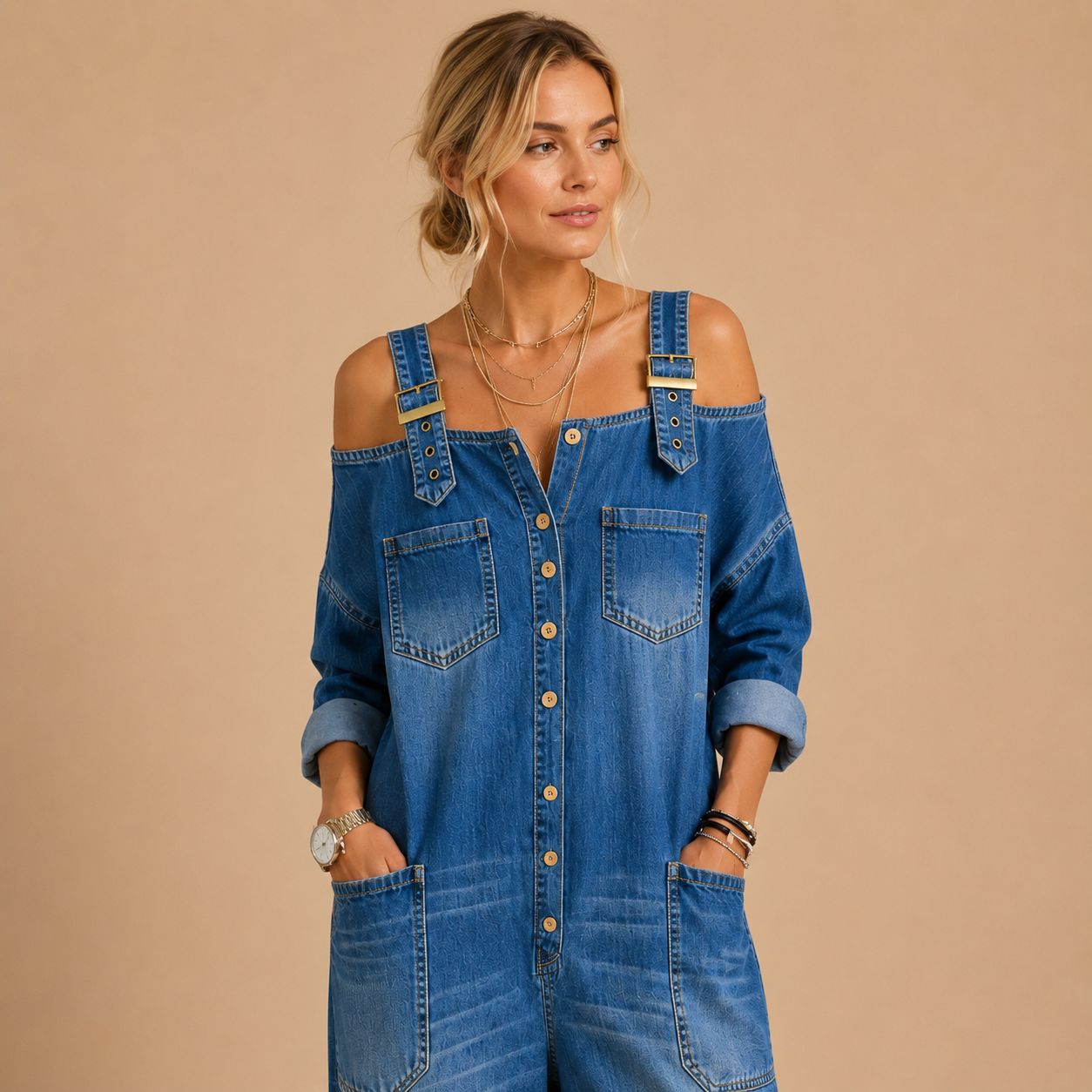 Patrycja | Jeansowy Kombinezon Oversize Z Szerokimi Nogawkami
