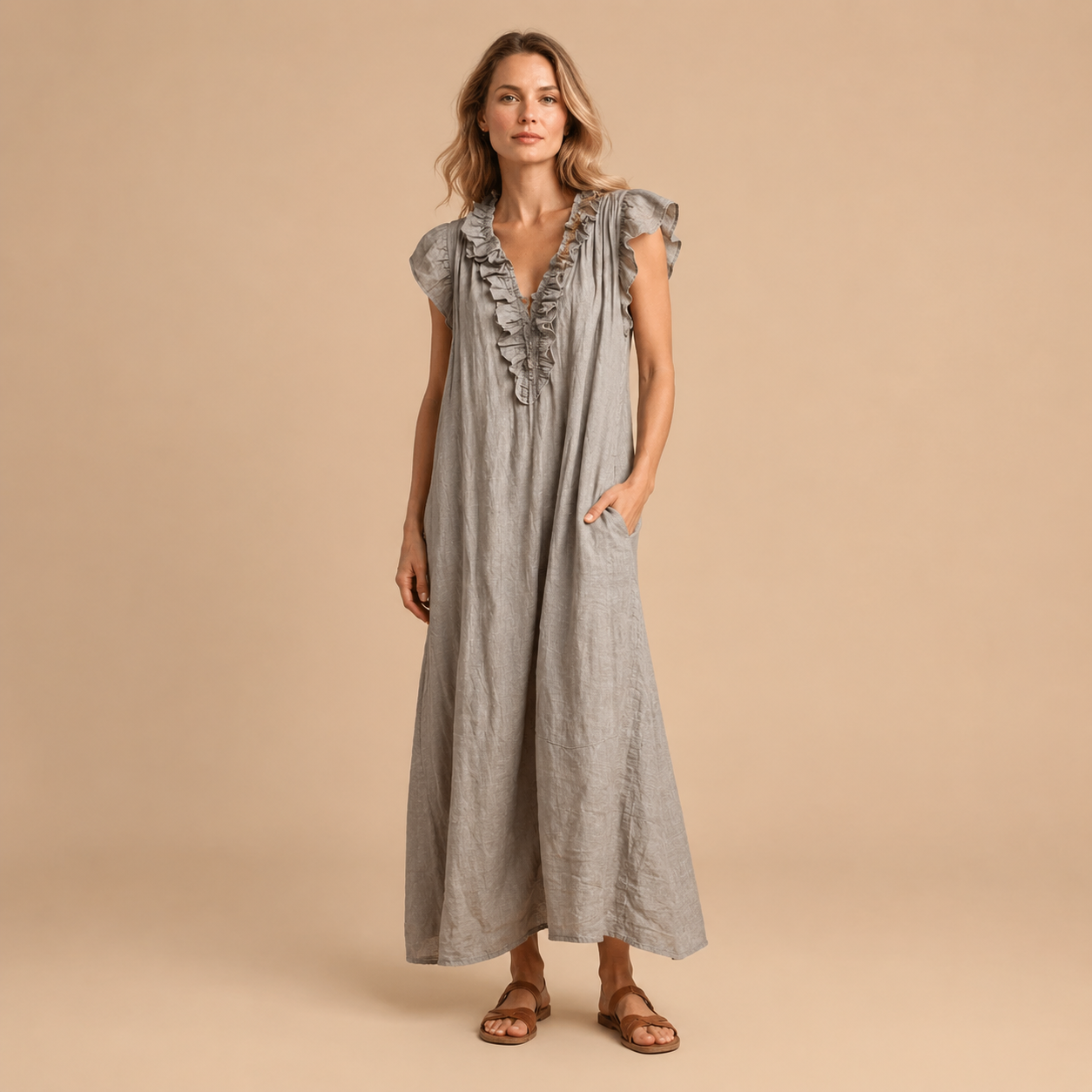 Antonina | Lniana Sukienka Maxi Z Falbanami
