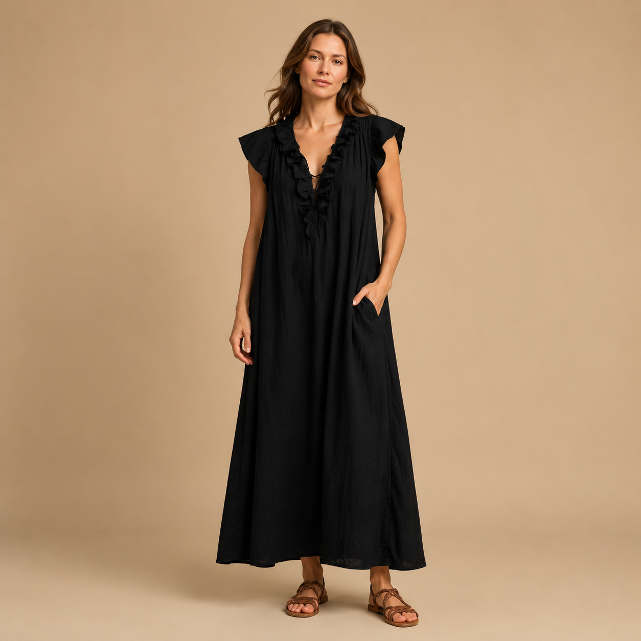 Antonina | Lniana Sukienka Maxi Z Falbanami
