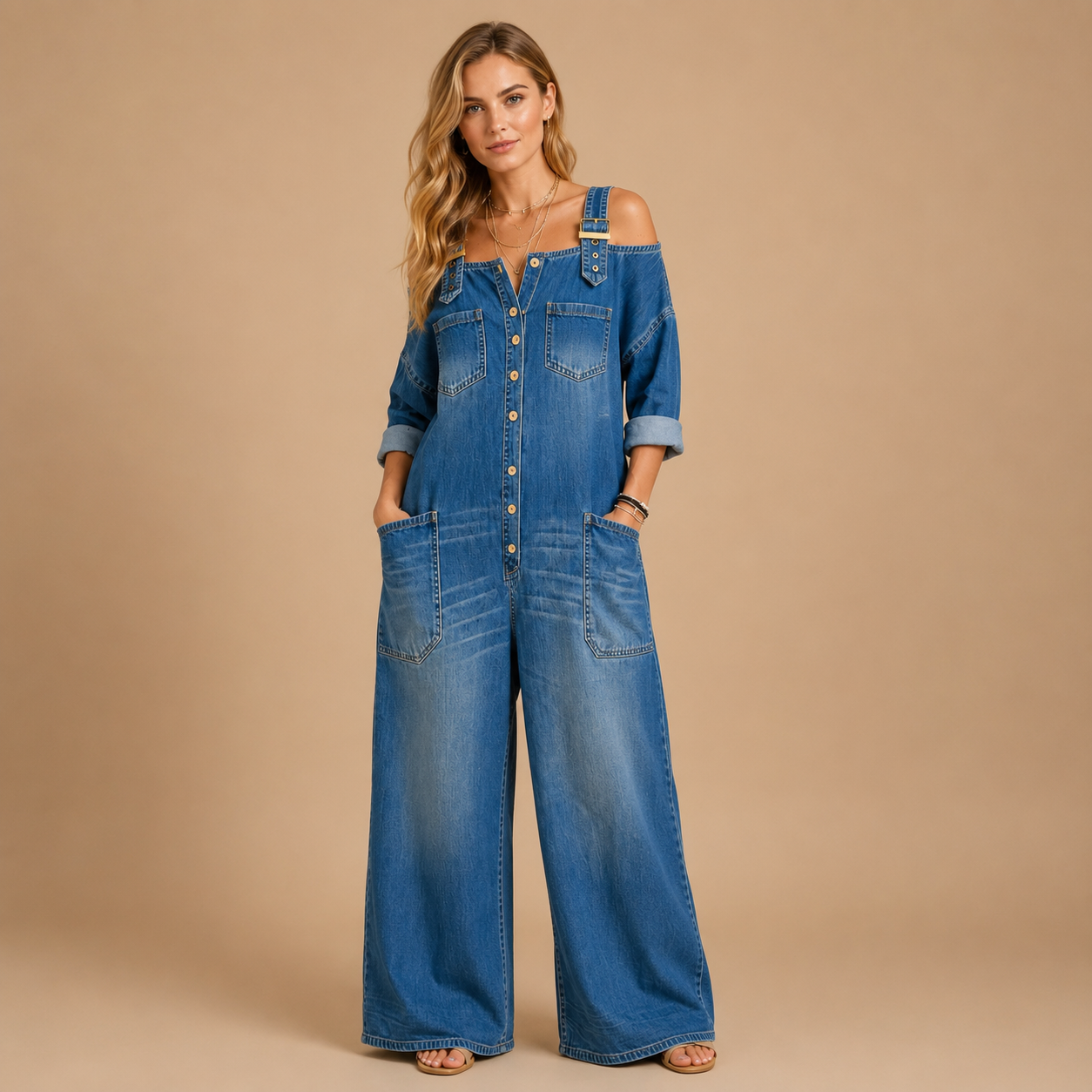 Patrycja | Jeansowy Kombinezon Oversize Z Szerokimi Nogawkami